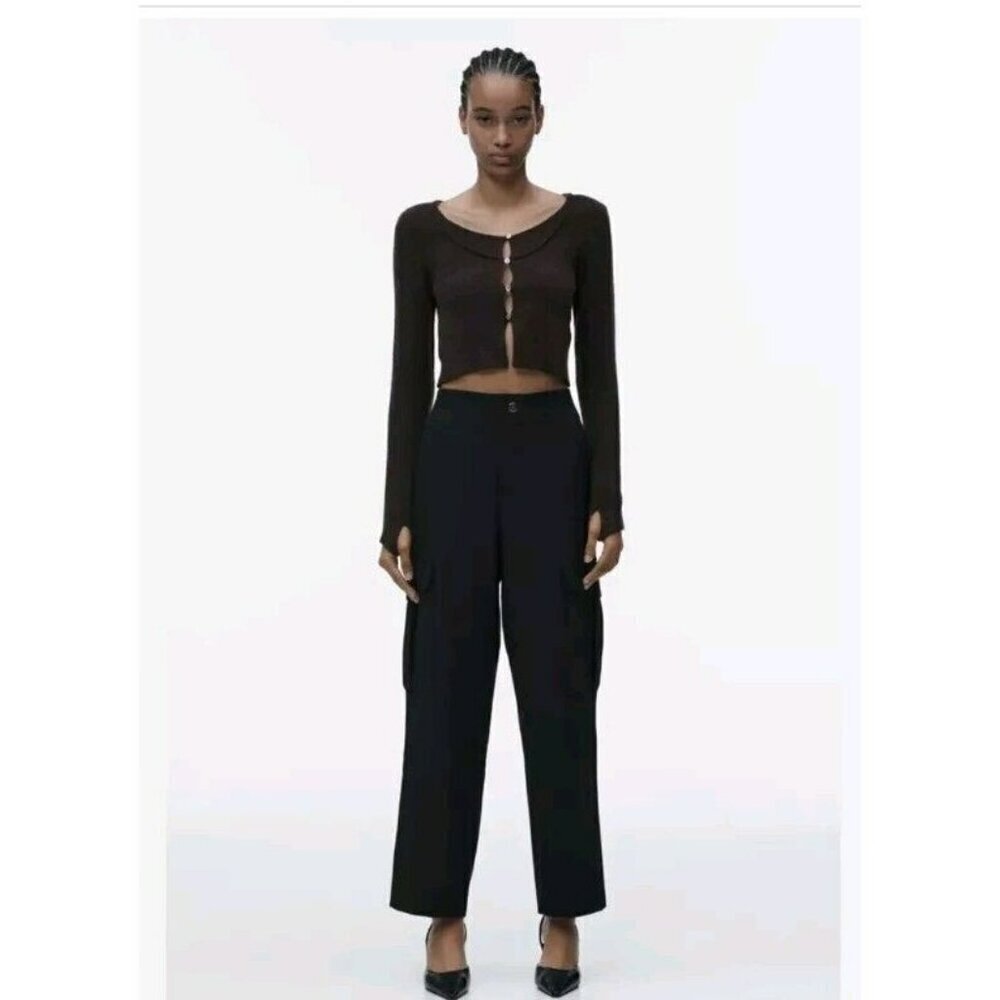 Zara Womens Straight Fit Cargo Trouser Pants Size S Black Waist Elastic 14.5"